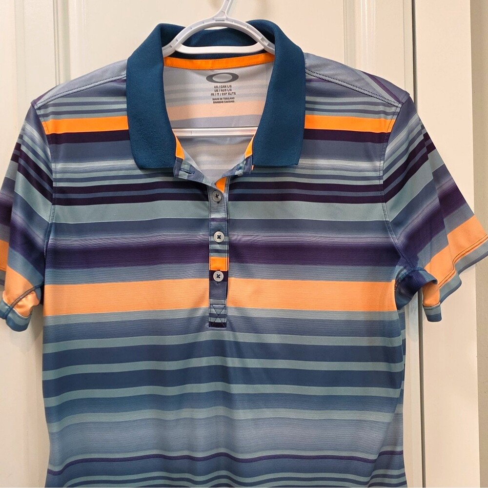 Oakley Women's Striped Short Sleeve Collared Polo Shirt Logo Button Size L